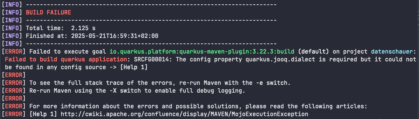 maven build failure due to required quarkus.jooq.dialect not set