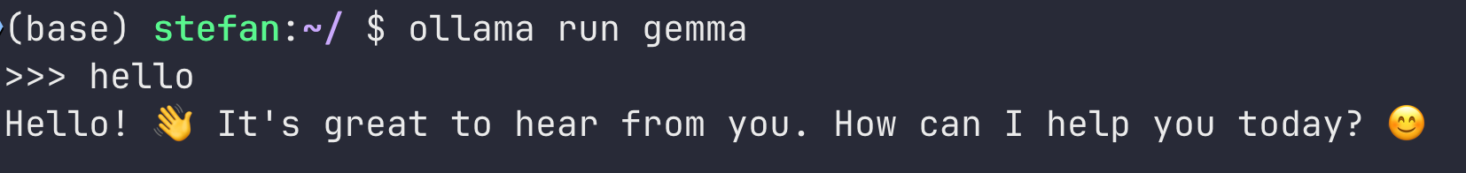 command line interface showing ollama running a chat with gemma